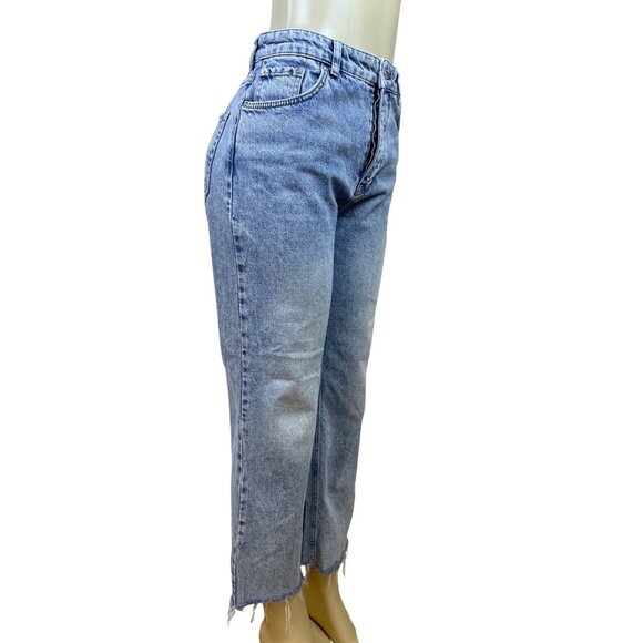 Zara Women's Blue Washed Denim High-Rise Crop Jeans With Frayed Hem Sz 6 - Picture 1 of 10